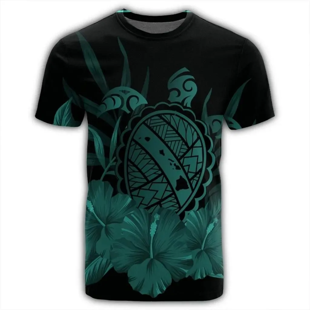 Alohawaii Tee - Hawaiian Map Turtle Hibiscus Polynesian T-shirt Turquoise - AH - J4R