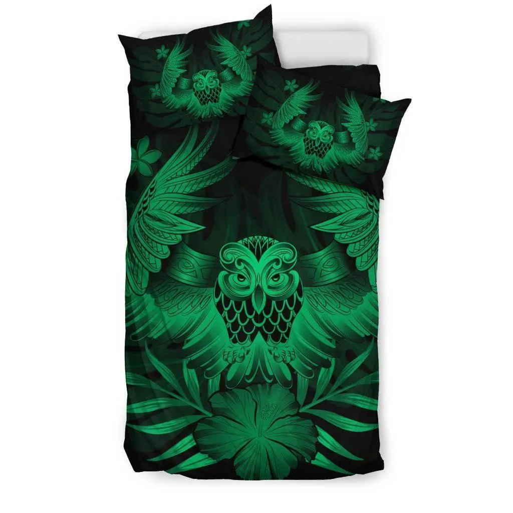 FamilyGater Bedding Set - Cover and Pillow Cases Hawaiian Owl Hibiscus Plumeria Polynesian - Green - AH J4