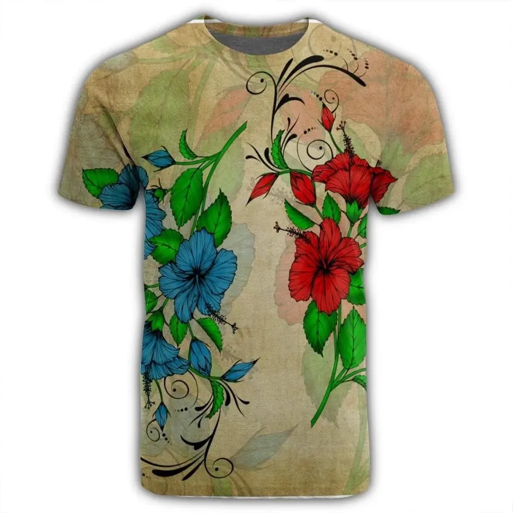 Alohawaii Tee - Hawaiian Blue And Red Hibiscus Polynesian T-shirt AH - JR