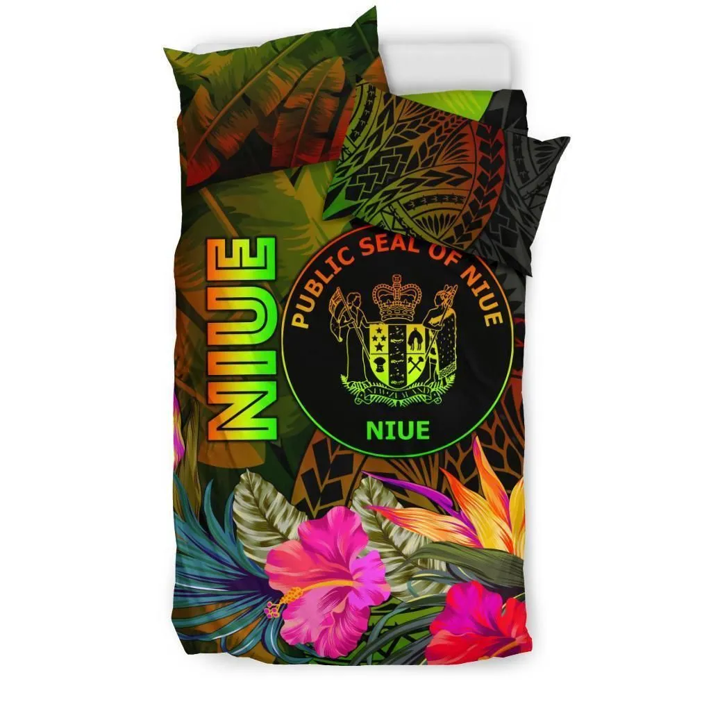 Niue Polynesian Bedding Set - Hibiscus and Banana Leaves