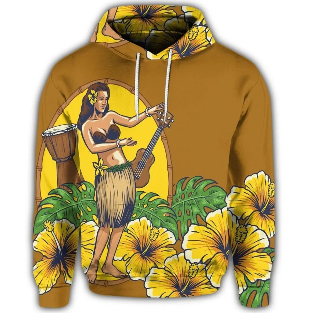 Hawaiian Hula Girl Monstera Hibiscus Polynesian Hoodie