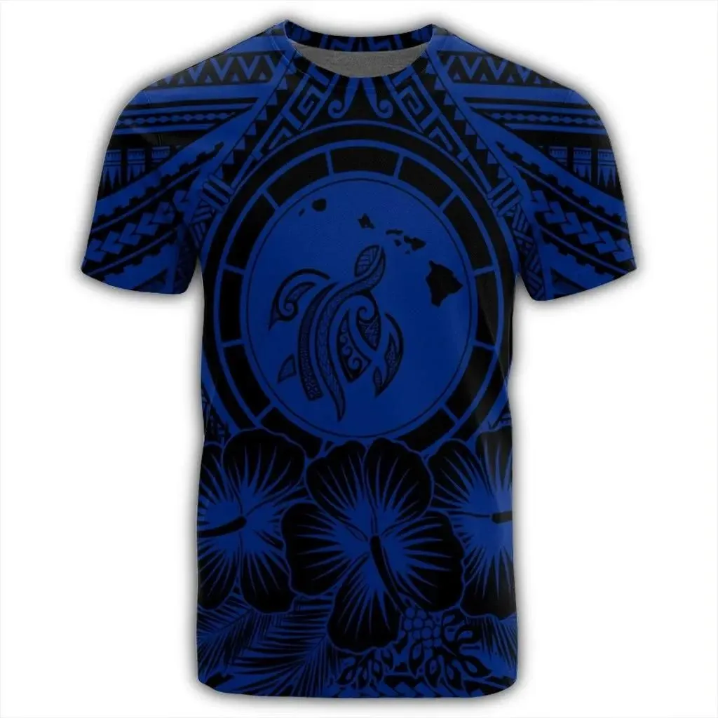 Alohawaii Tee - Hawaiian Map Honu Hibiscus Tropic Blue Polynesian T-shirt AH - JGR