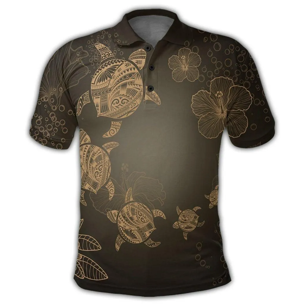 Hawaiian Plumeria Hibiscus Turtle Under Sea Polynesian Polo Shirt Gold AH