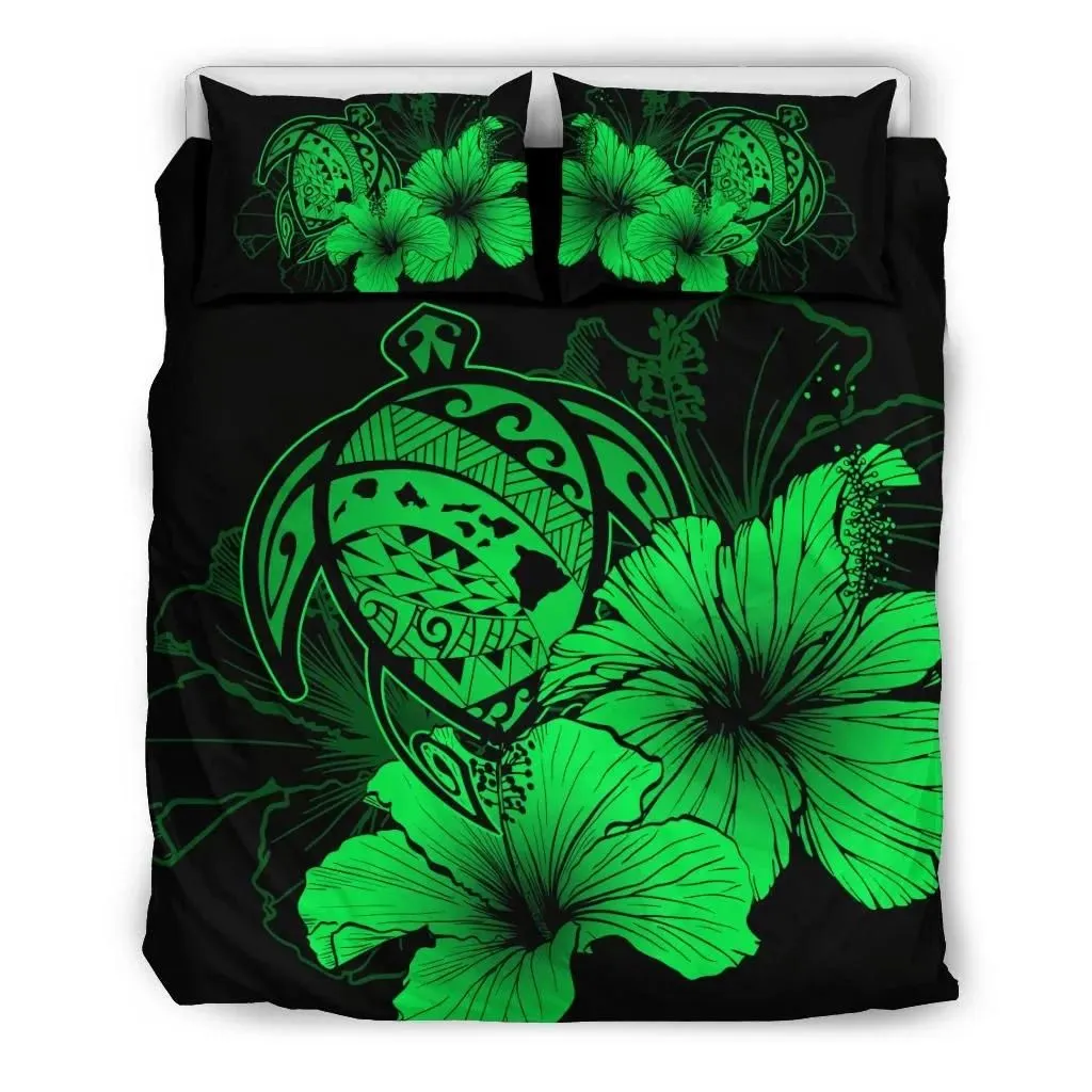 FamilyGater Home Set - Hawaiian Map Hibiscus Turtle Polynesian Bedding Set Green - AH - J1