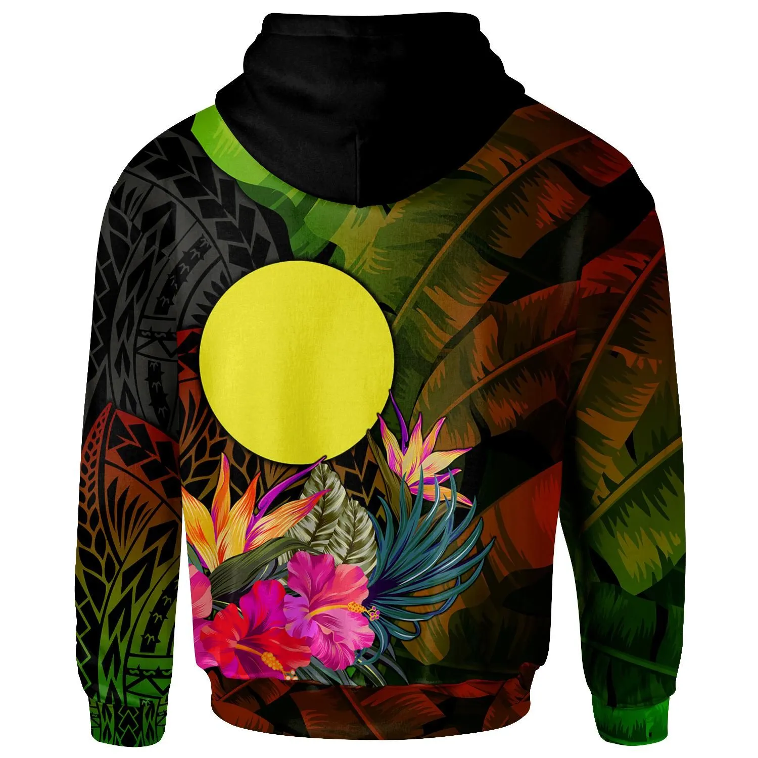 Palau Polynesian Hoodie -  Hibiscus and Banana Leaves