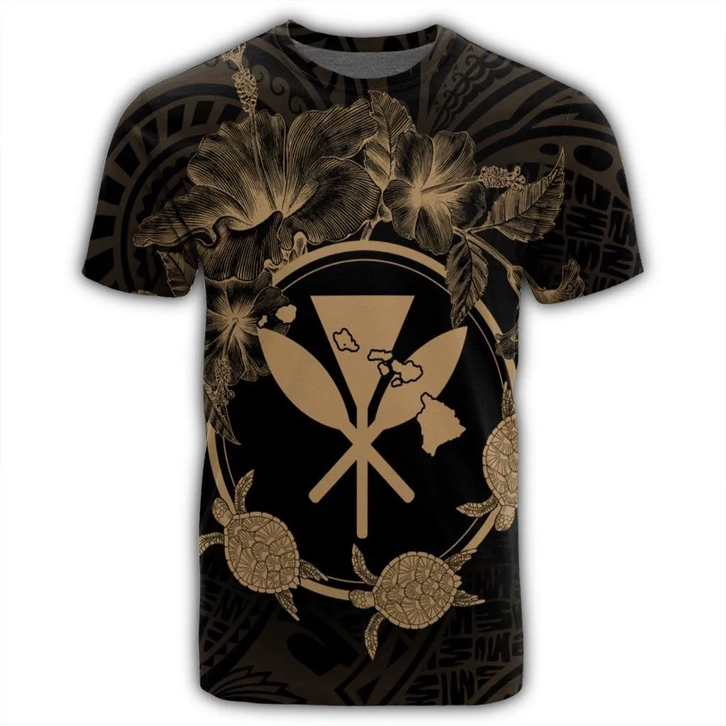 Hawaii Kanaka Turtle Hibiscus Polynesian T-Shirt - Anthea Style Gold - AH