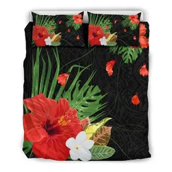 FamilyGater Home Set - Hawaiian Hibiscus Plumeria Palm Monstera Polynesian Bedding Set - AH J2