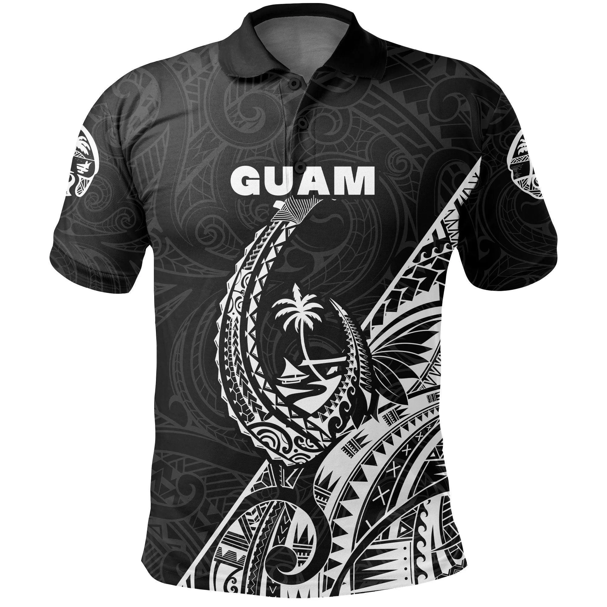 (Custom Personalised) Guam Rugby Polo Shirt Polynesian Patterns Style - Black LT16