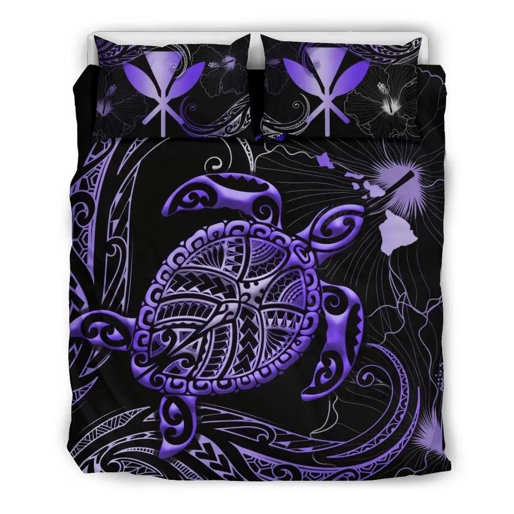 Kanaka Maoli Hawaiian Map Bedding Set - Turtle Polynesian Hibiscus Purple K4