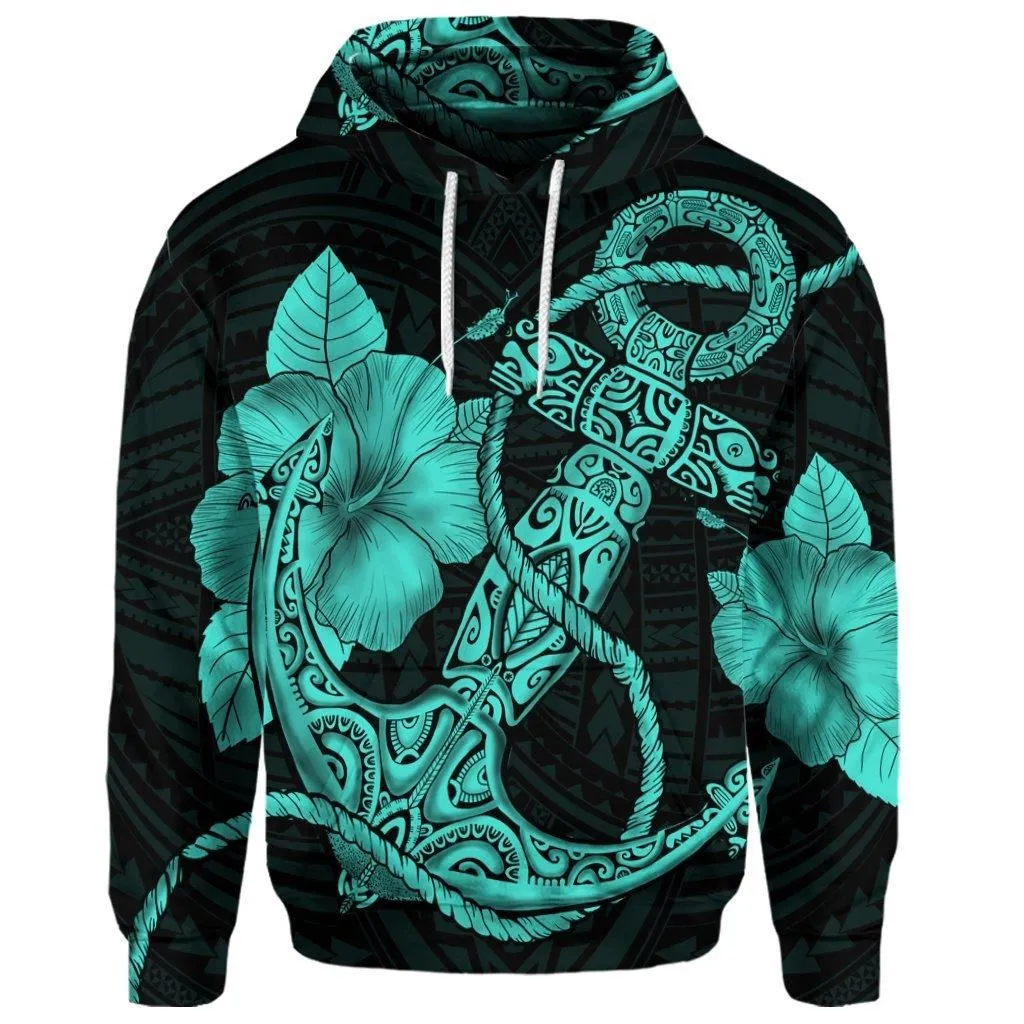 (Personalised) Hawaiian Anchor Poly Tribal Hibiscus Polynesian Hoodie Turquoise - AH