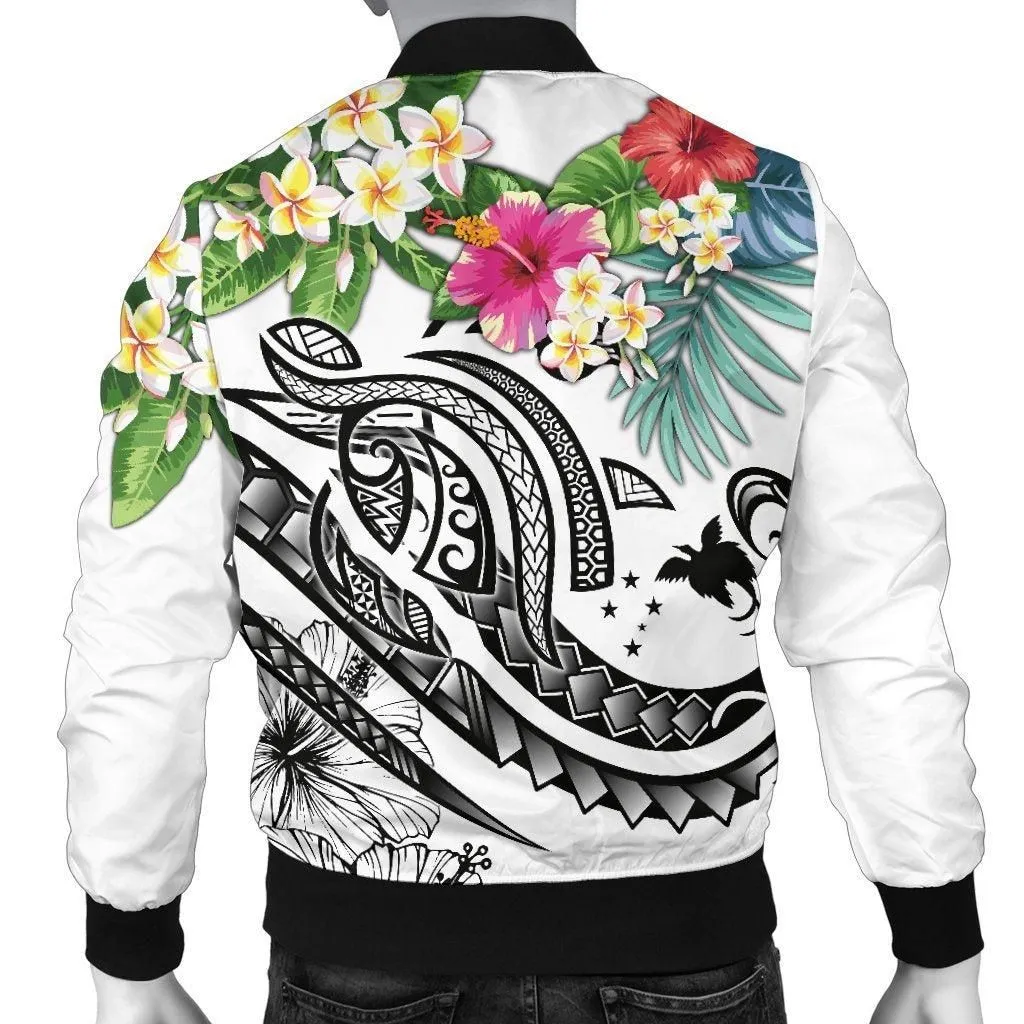 Papua New Guinea Polynesian Mens Bomber Jacket - Summer Plumeria White