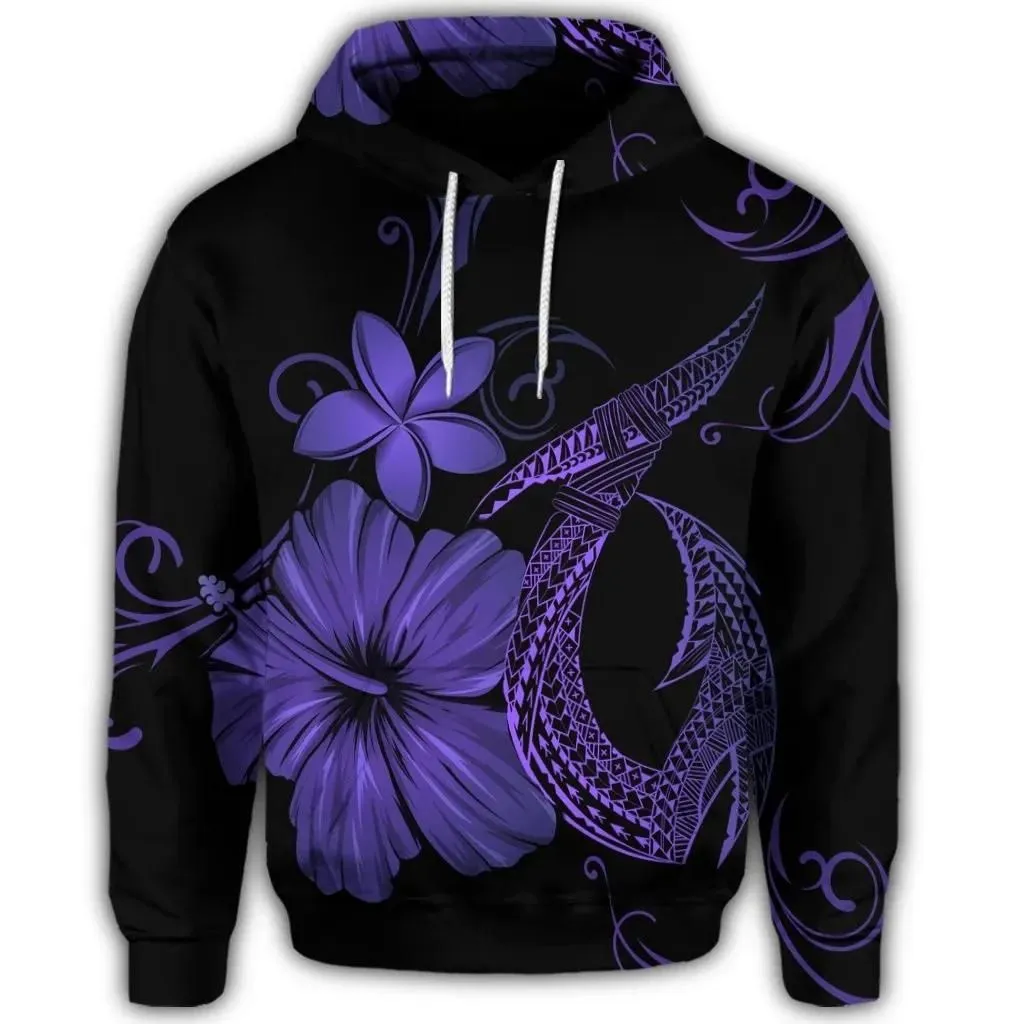 Alohawaii Hoodie - Hawaiian Fish Hook Hibiscus Plumeria Polynesian Hoodie - Purple - AH - J4R