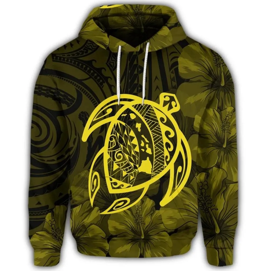 Alohawaii Hoodie - Hawaiian Map Turtle Kanaka Hibiscus Polynesian Hoodie - Yellow - AH - J4R