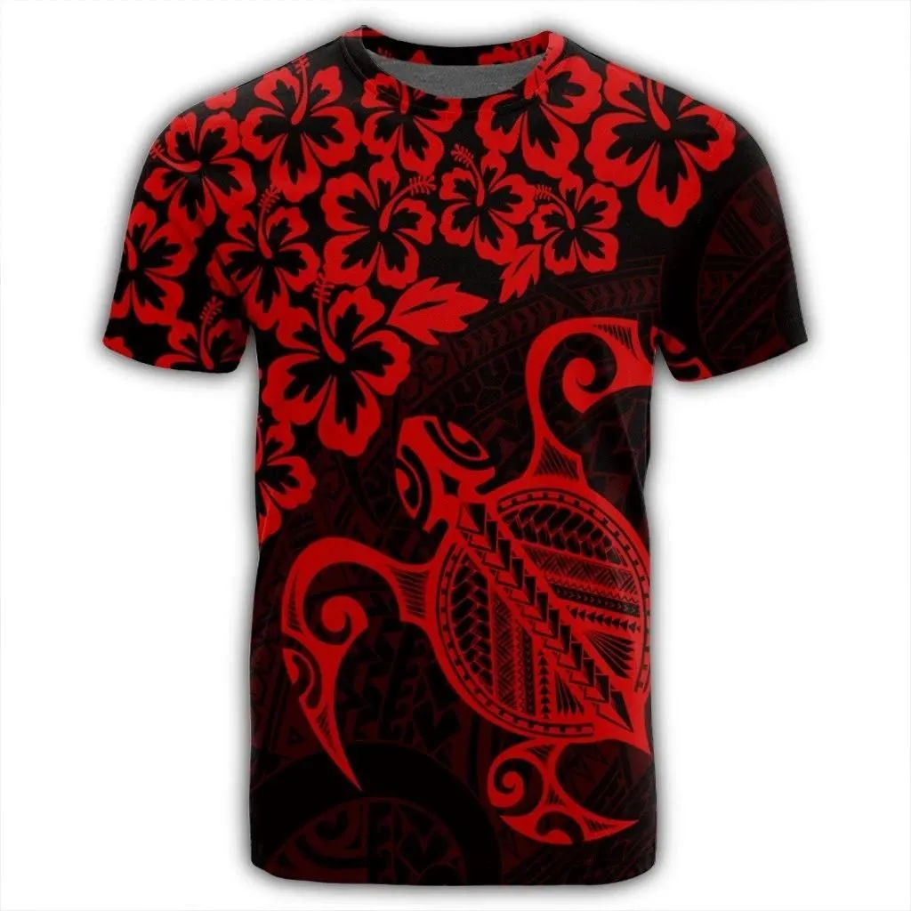 Alohawaii Tee - Hawaiian Map Turtle Hibiscus Kanaka Polynesian T-shirt Red - AH - J4R