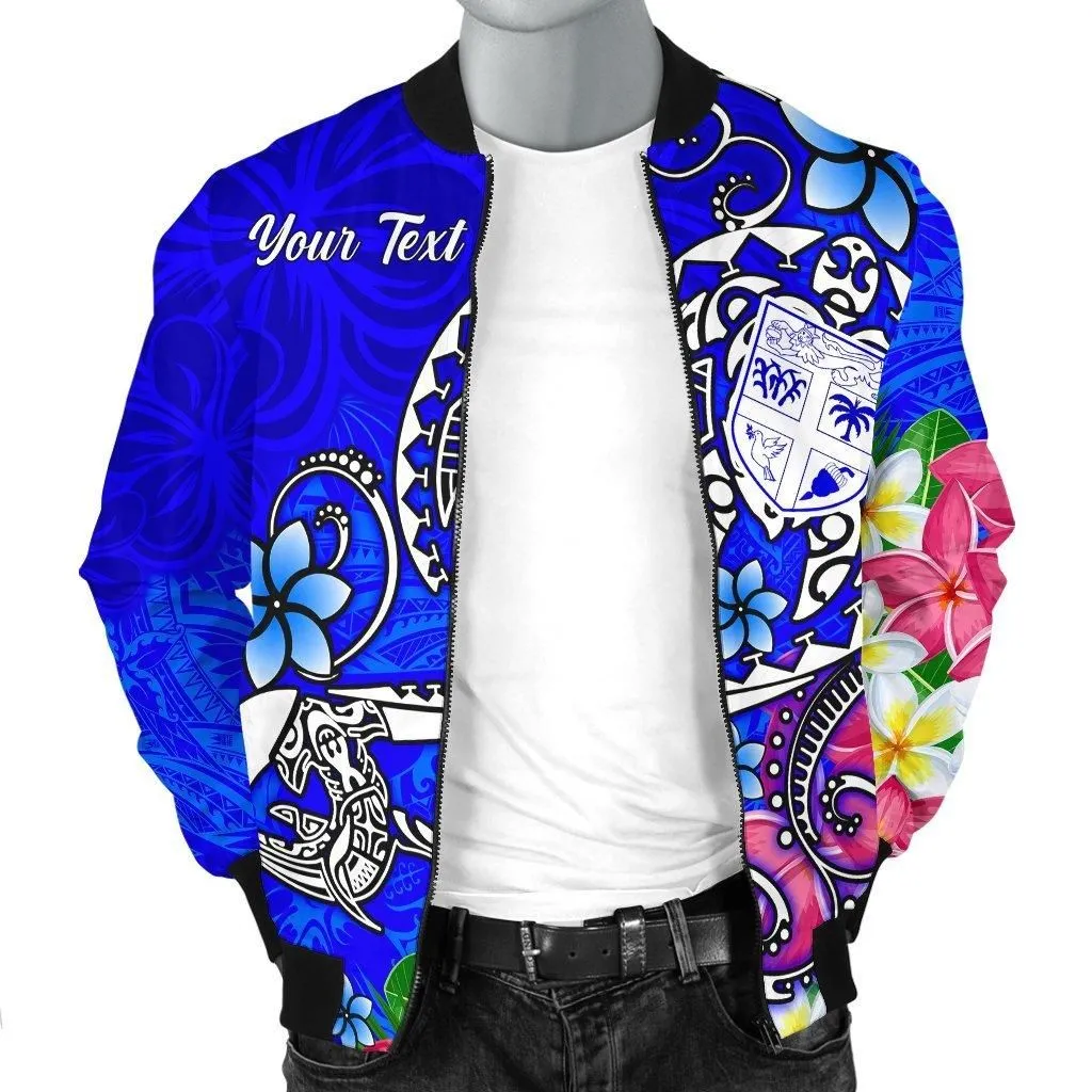 Fiji Custom Personalised Mens Bomber Jacket - Turtle Plumeria (Blue)