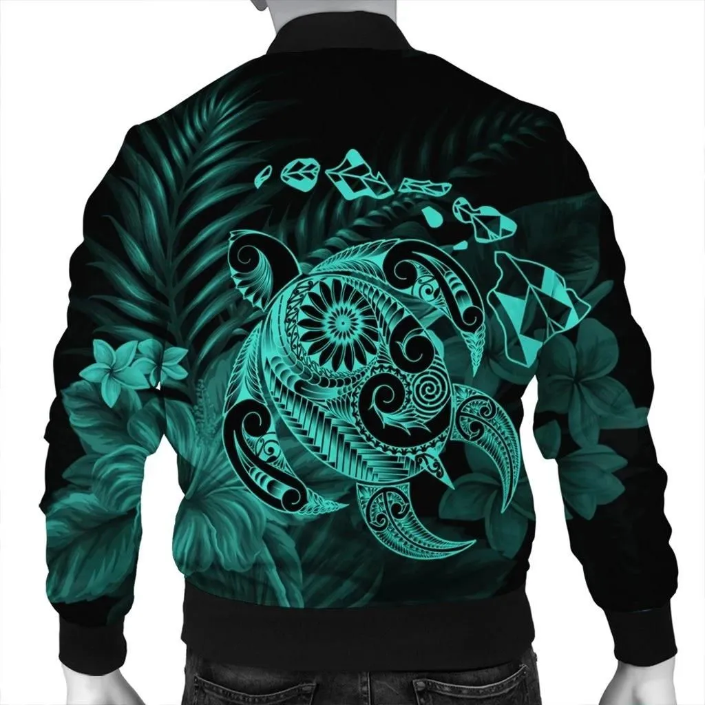 FamilyGaterJacket - Hawaiian Map Turtle Tattoo Hibiscus Plumeria Polynesian Bomber Jacket - Turquoise - AH - J4R