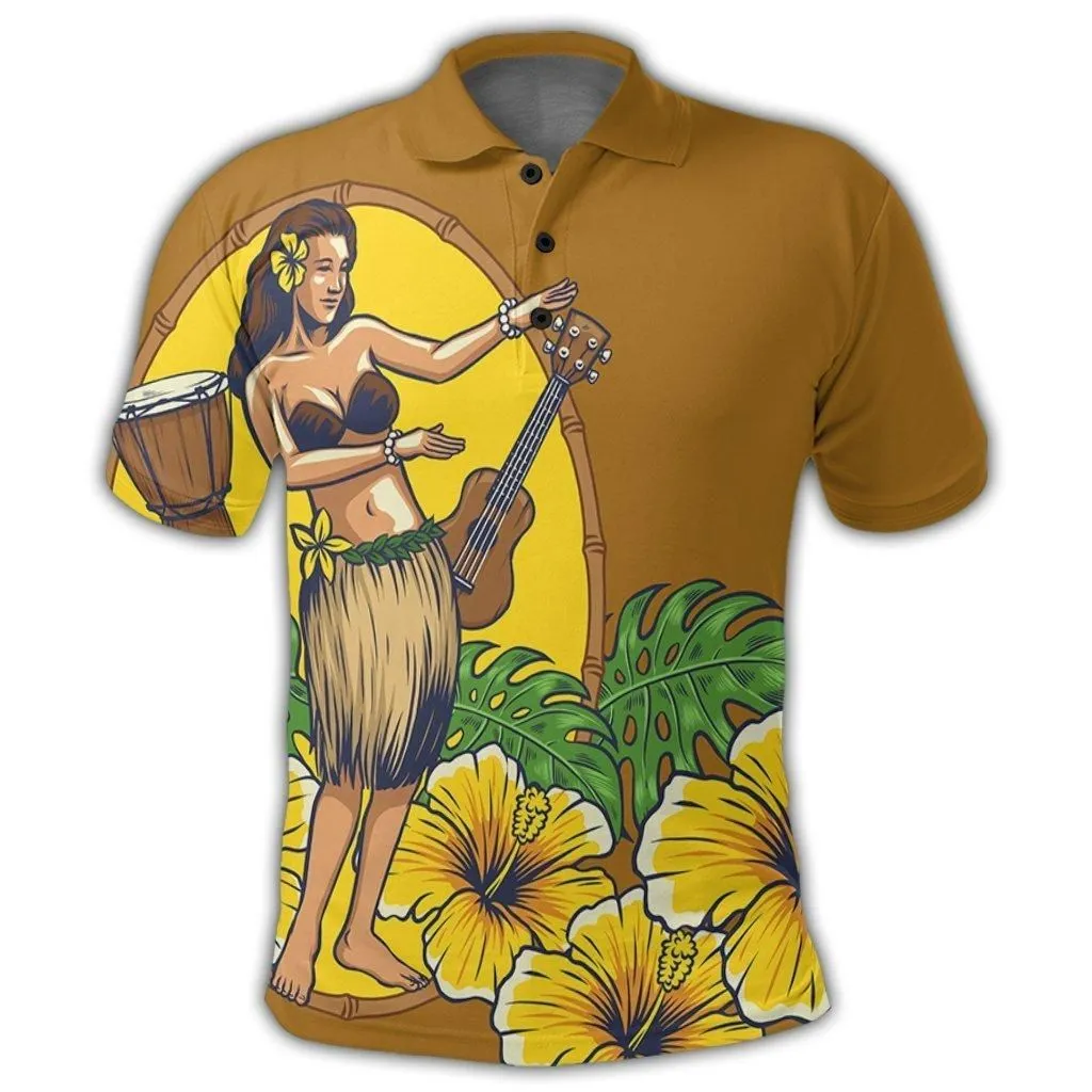 Hawaiian Hula Girl Monstera Hibiscus Polynesian Polo Shirt