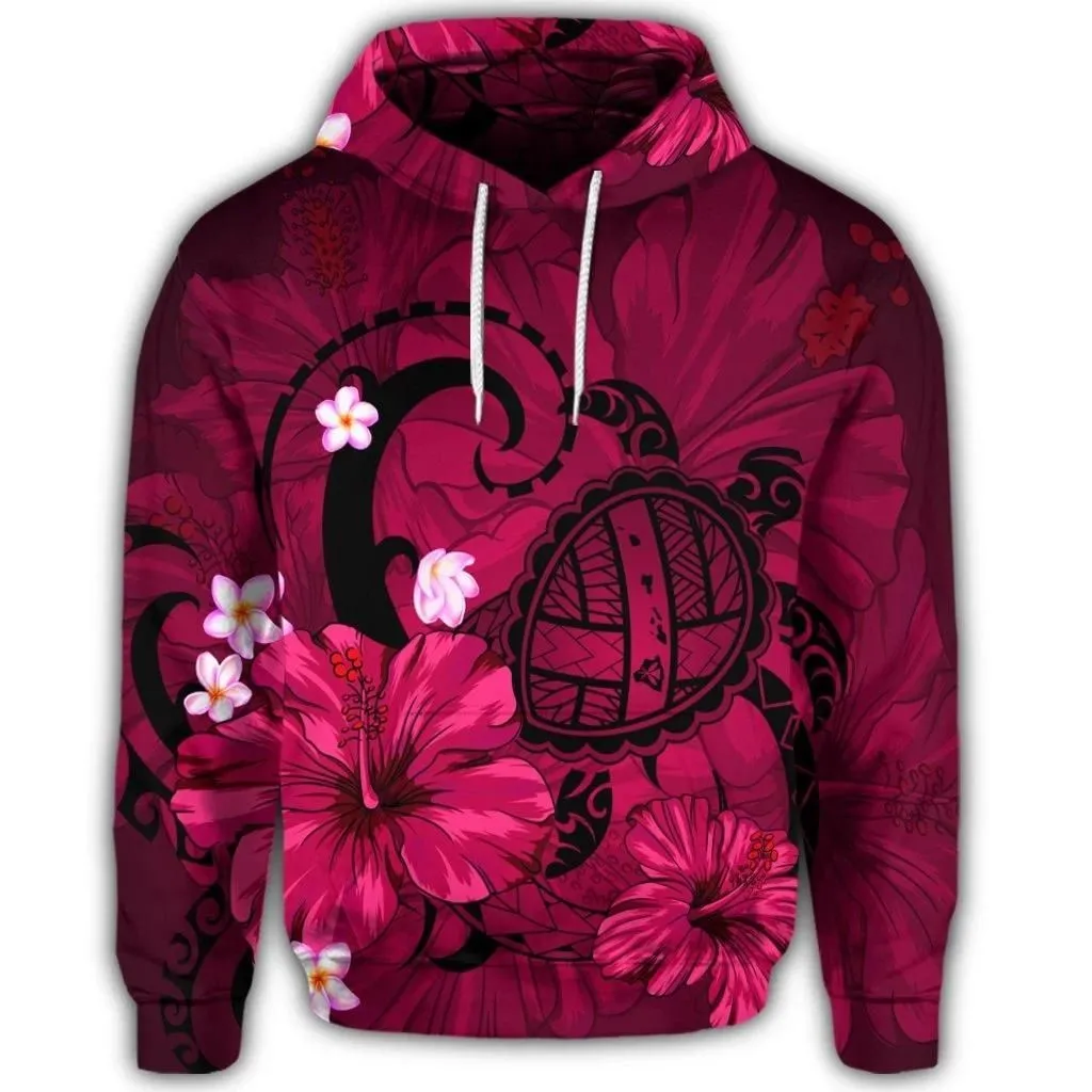Alohawaii Hoodie - Hawaiian Map Big Turtle Hibiscus Plumeria Tribal Polynesian Hoodie - Pink - AH - J6R