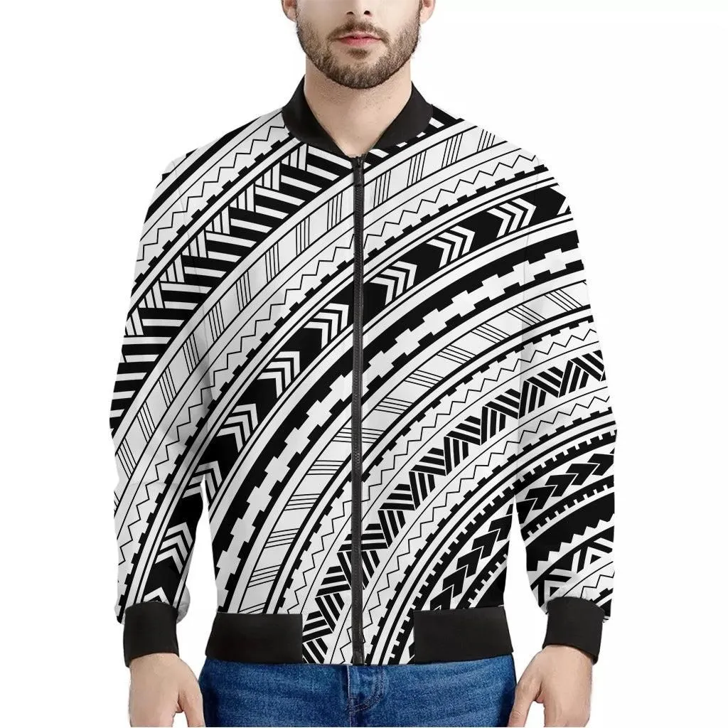 Black And White Maori Polynesian Print Mens Bomber Jacket
