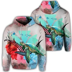 Hawaiian Map Kanaka Sea Turtle Hibiscus Hoodie - AH - Blue Pink