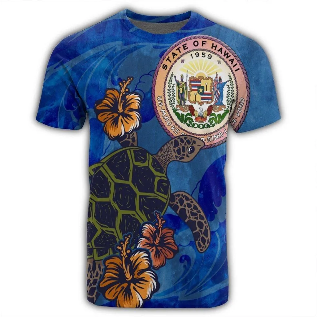 Hawaii Seal Of Hawaii Hibiscus Ocean Turtle Polynesian T-Shirt - AH
