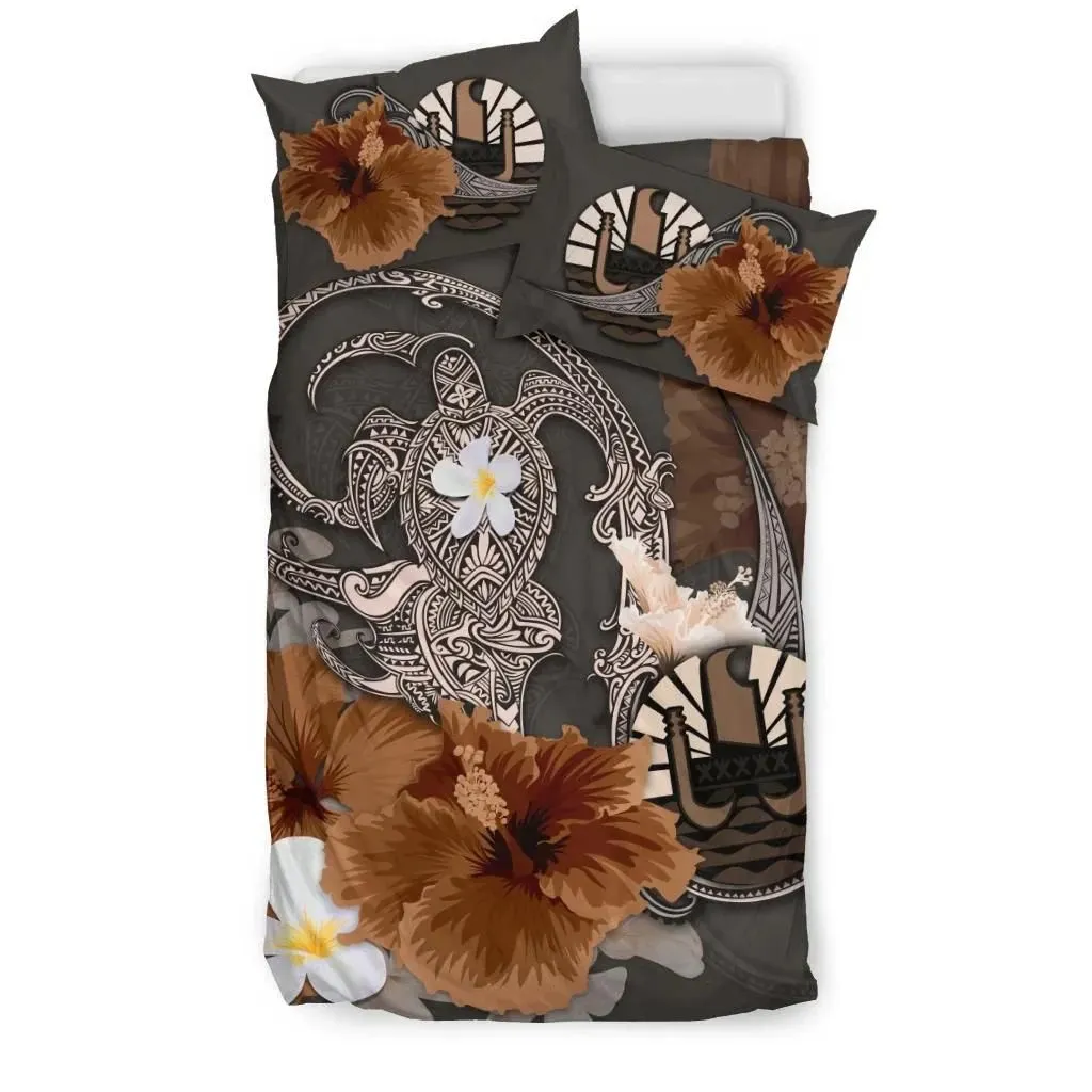 FamilyGater Bedding Set - Cover and Pillow Cases Tahiti - Hibiscus Turtle Tribal Brown A02