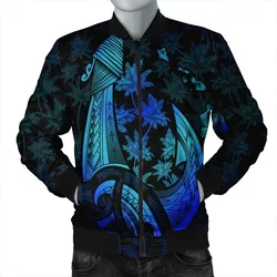 Hawaiian Map Palm Trees Fish Hook Polynesian Quilt Bomber Jacket Colorful Blue - AH