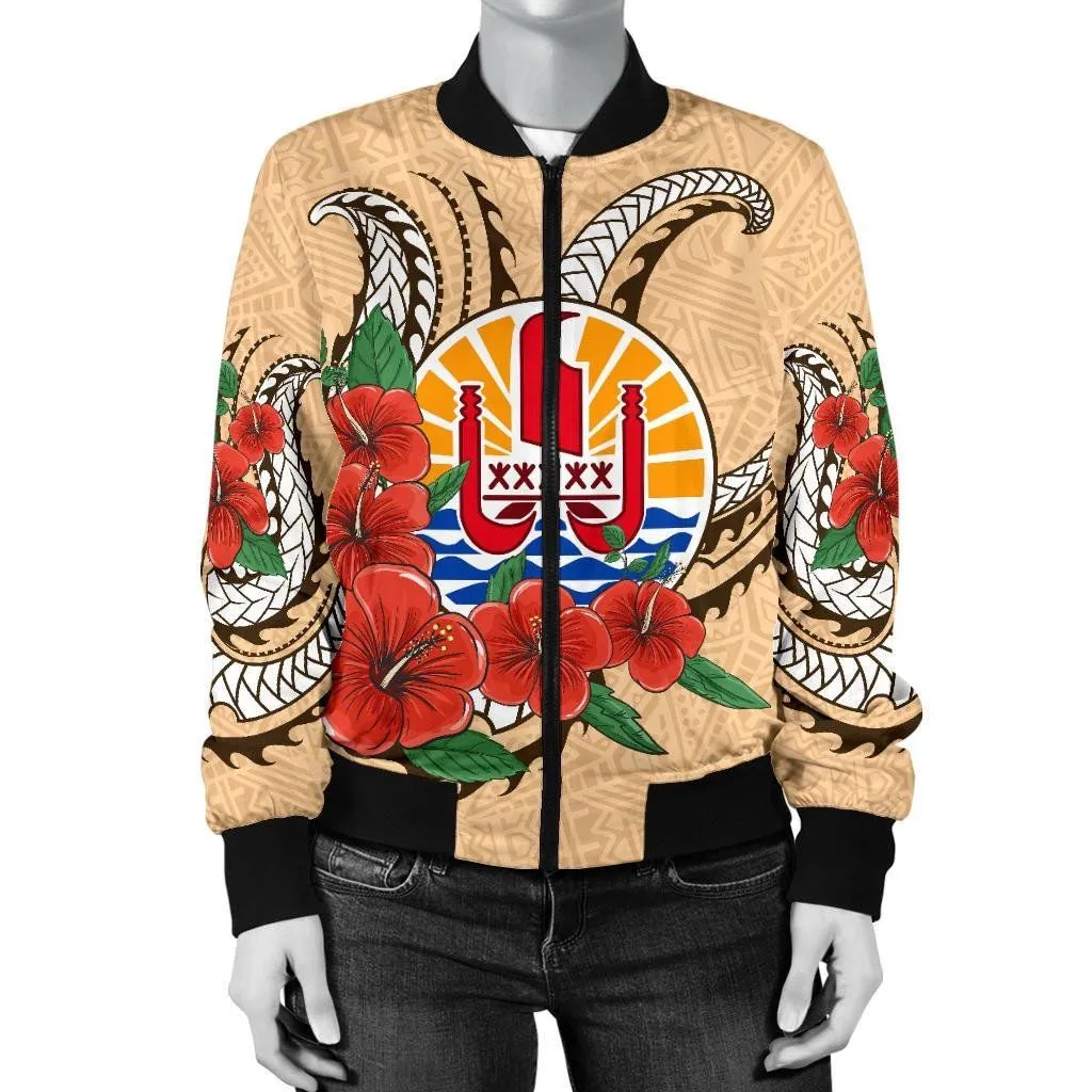 Tahiti Polynesian Women Bomber Jacket - Hibiscus Coat of Arm Beige - BN11