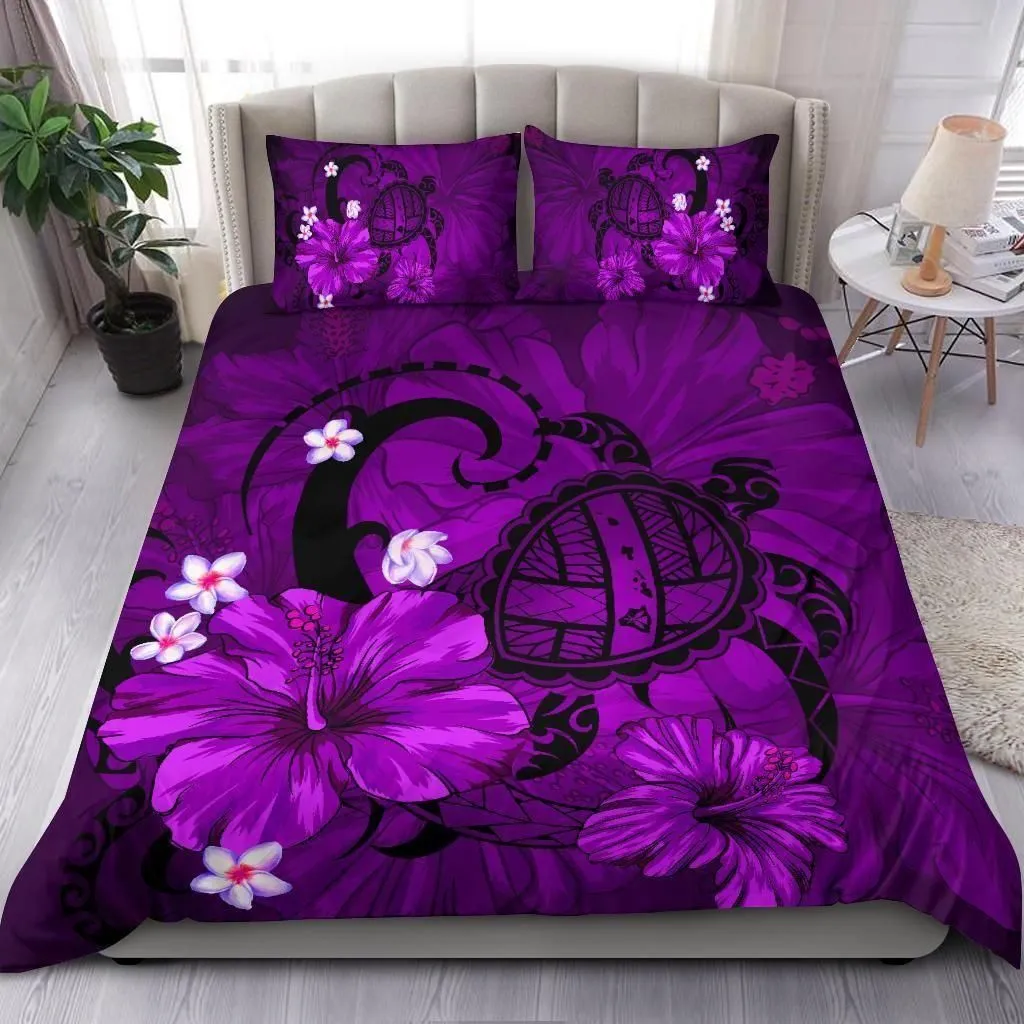 Alohawaii Bedding Set - Cover and Pillow Cases Hawaiian Map Big Turtle Hibiscus Plumeria Tribal Polynesian - Purple - AH J9