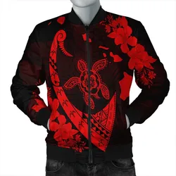 Hawaiian Map Hibiscus Turtle Fish Hook Polynesian Bomber Jacket Red - AH
