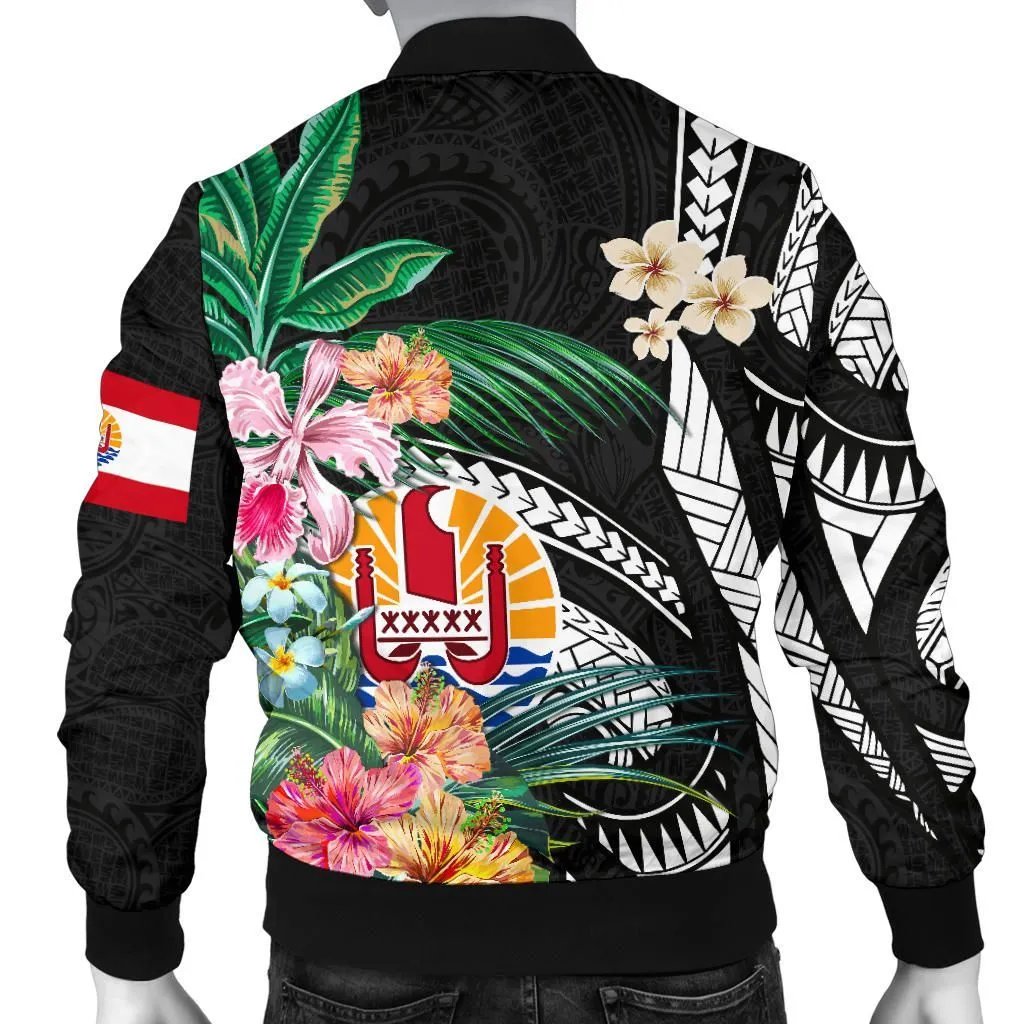 Tahiti Men's Bomber Jacket Coat Of Arms Polynesian With Hibiscus TH5