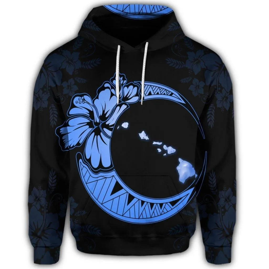 Hawaiian Map Hibiscus Turtle Polynesian Moon Hoodie Blue