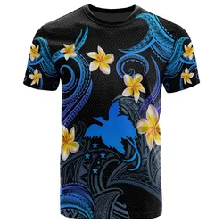 Papua New Guinea T-shirt - Custom Personalised Polynesian Waves with Plumeria Flowers (Blue)