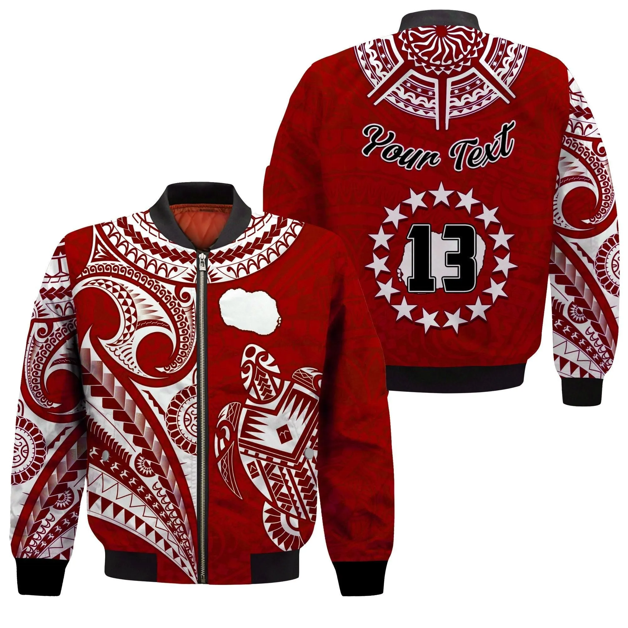 (Custom Text and Number) Rarotonga Cook Islands Bomber Jacket Turtle and Map Style Red LT13