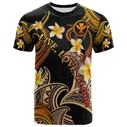 Personalized Kanaka Maoli T-shirt - Hawaii Polynesian Waves with Plumeria Flowers (Blue)