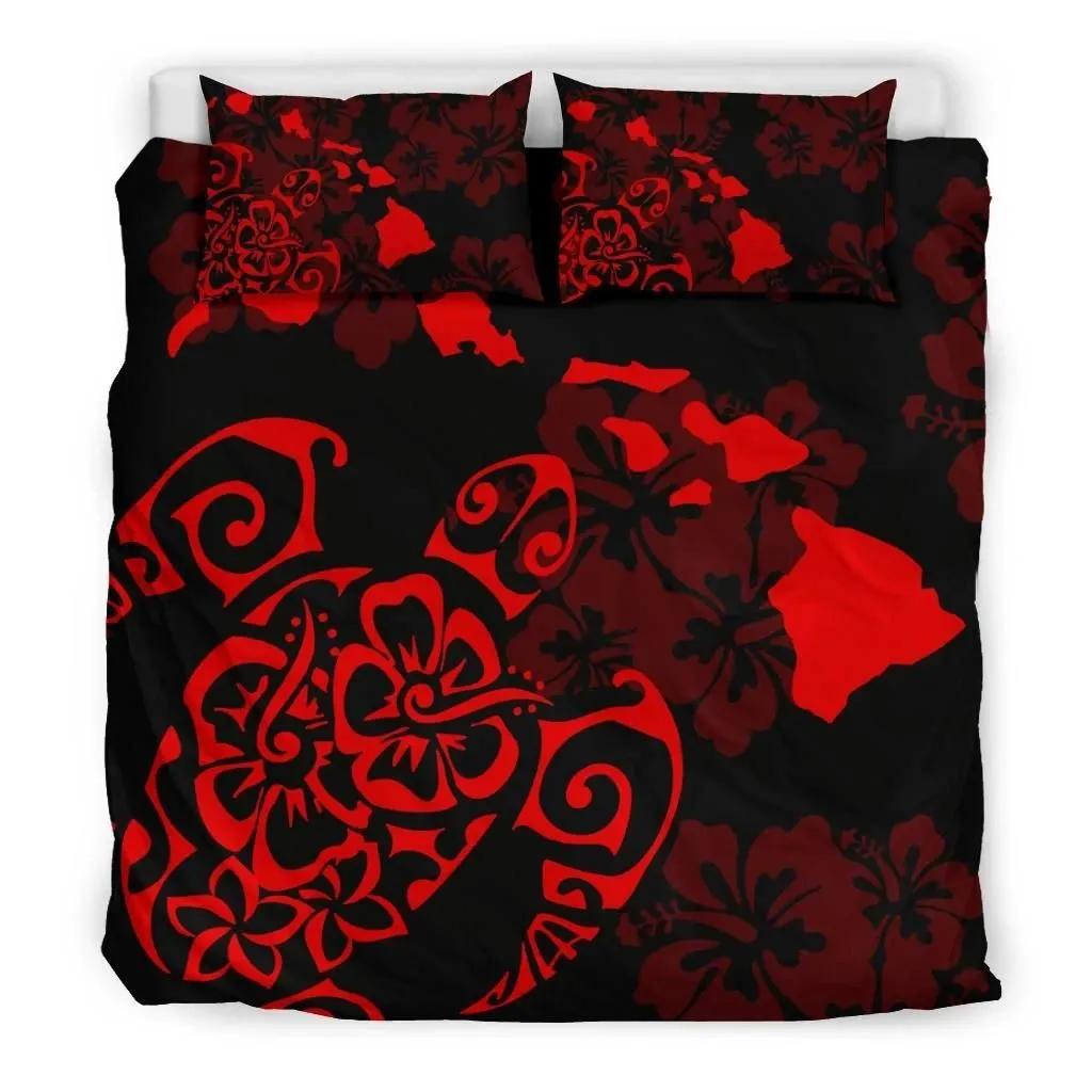 FamilyGater Home Set - Hawaiian Map Turtle Hibiscus Polynesian  Red Bedding Set - AH J4