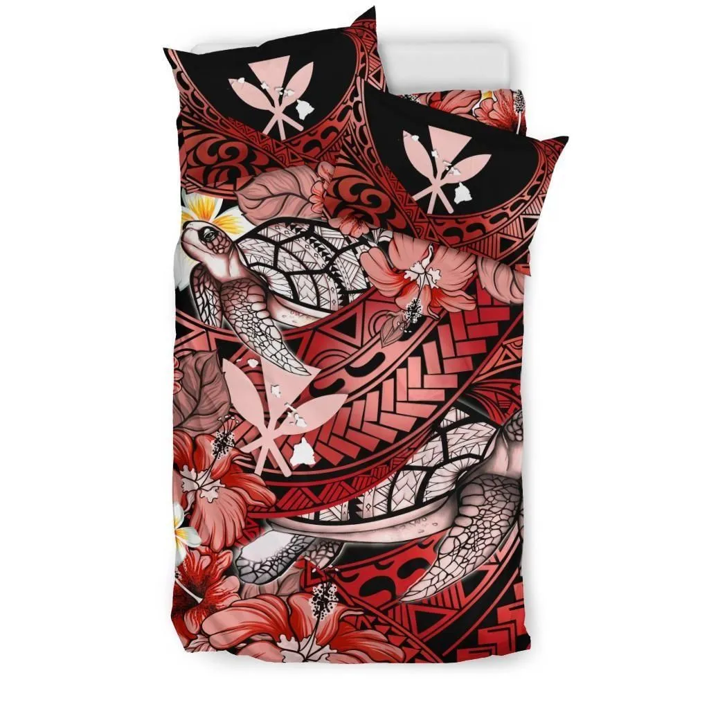 Kanaka Maoli (Hawaiian) Bedding Set - Waves Polynesian Turtle Hibiscus (Red) A24