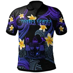 Fiji Polo Shirt - Custom Personalised Polynesian Waves with Plumeria Flowers (Blue)