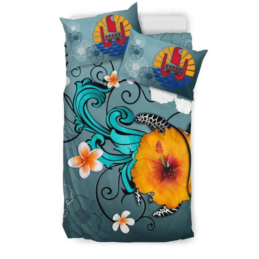 FamilyGater Bedding Set - Cover and Pillow Cases Tahiti - Map Turtle Hibiscus A24
