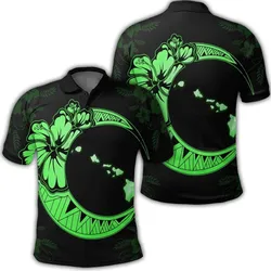 Hawaiian Map Hibiscus Turtle Polynesian Moon Polo Shirt Green - AH