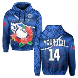 (Custom Text And Number) Samoa Rugby Hoodie Manu Samoa Polynesian Hibiscus Blue Style LT14