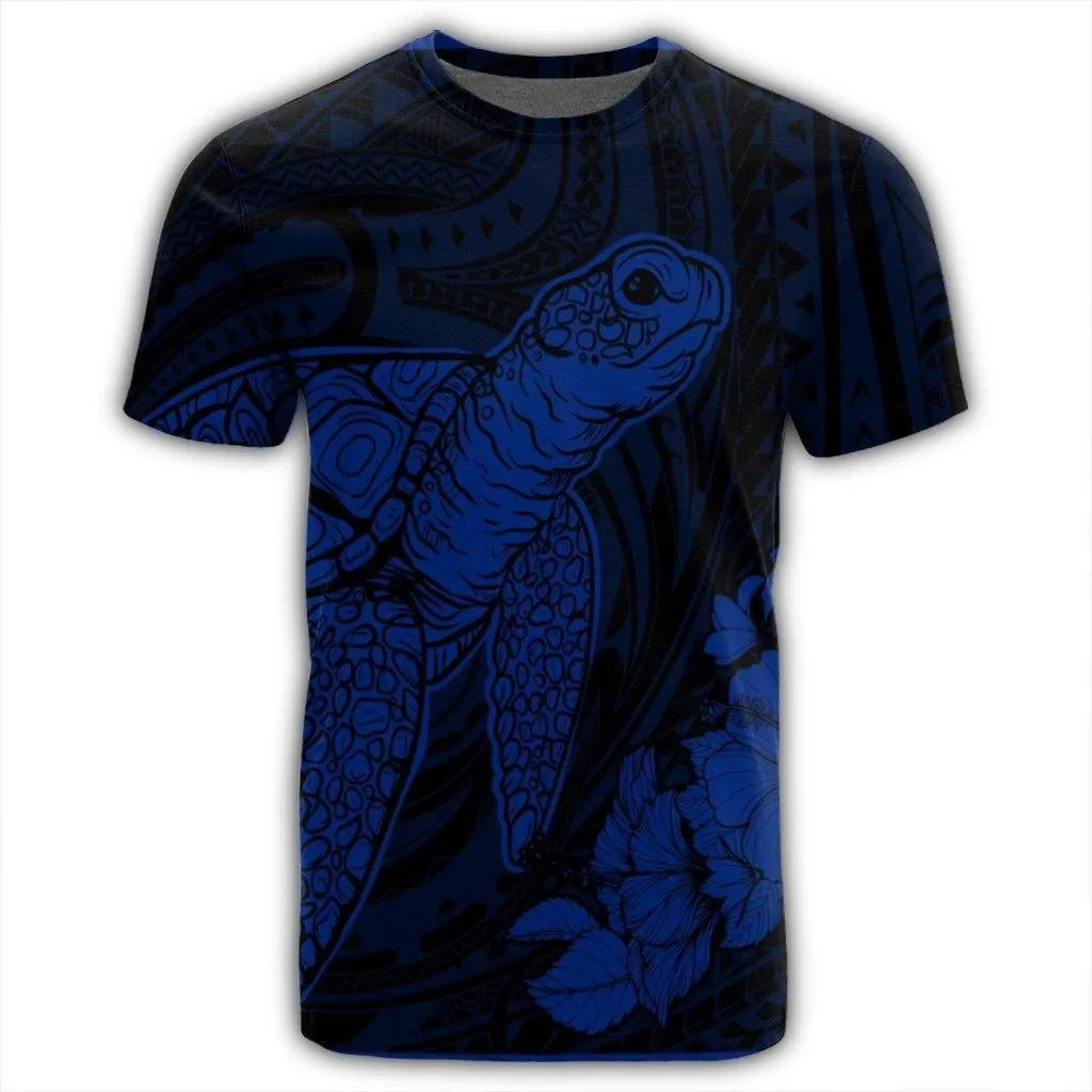 Hawaiian Hibiscus Memory Turtle Polynesian T-Shirt Blue - AH
