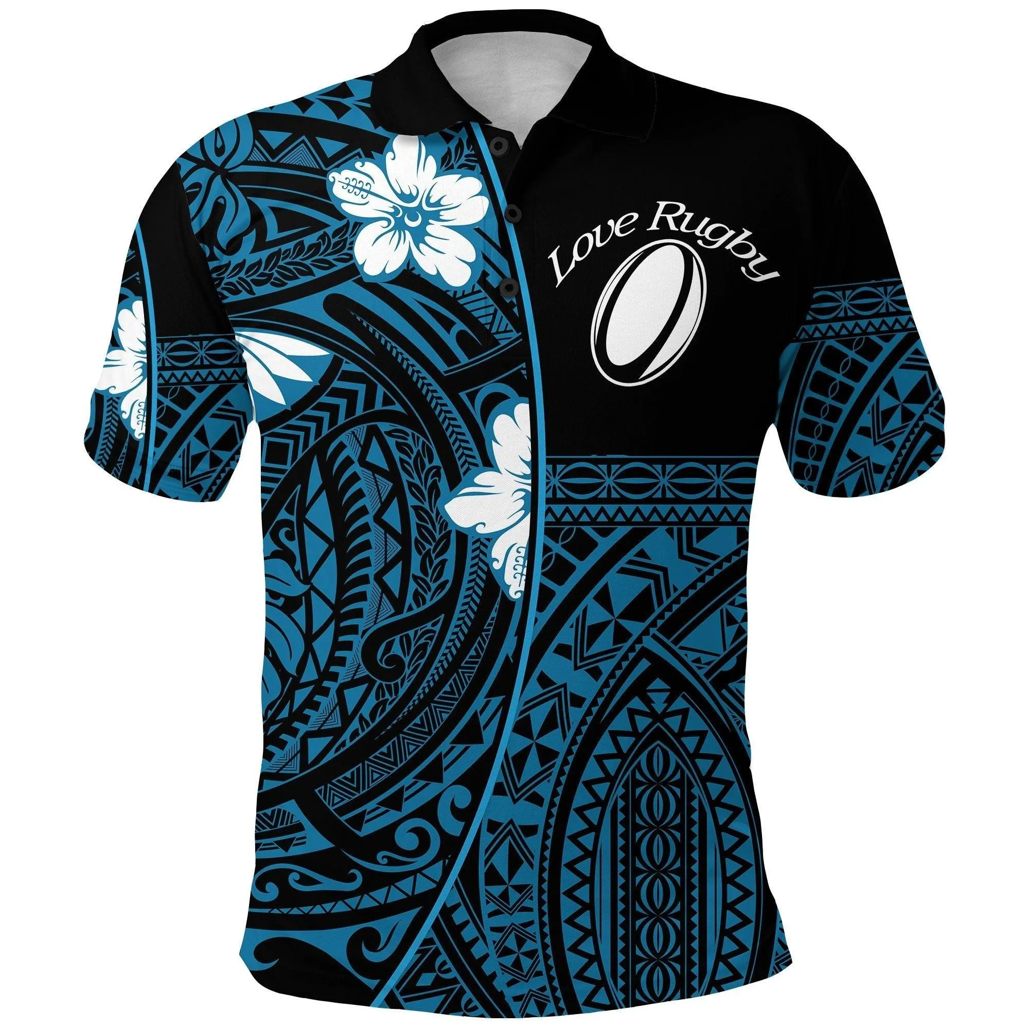 (Custom Personalised) Polynesian Rugby Polo Shirt Love Blue - Custom Text and Number