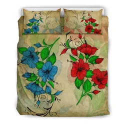 Hawaiian Blue and Red Hibiscus Polynesian Bedding Set
