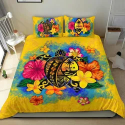 FamilyGater Bedding Set - Cover and Pillow Cases Guam Polynesian - Turtle with Plumeria and Hibiscus - BN15