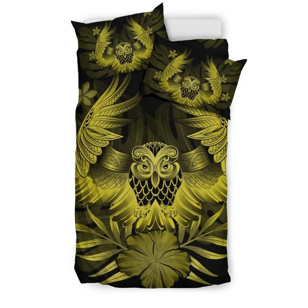 Hawaiian Owl Hibiscus Plumeria Polynesian Bedding Set - Yellow
