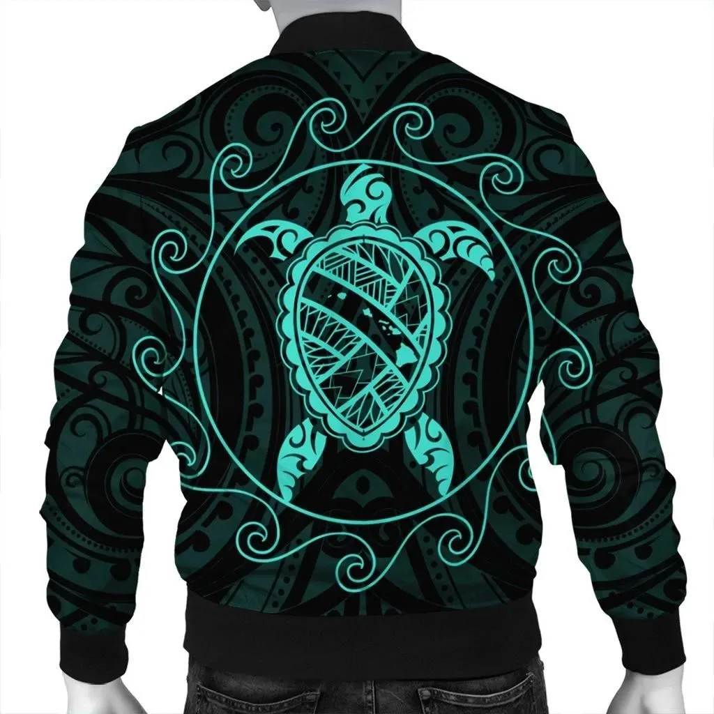FamilyGaterJacket - Hawaiian Map Turtle Wave Polynesian Bomber Jacket Turquoise - AH - J4R