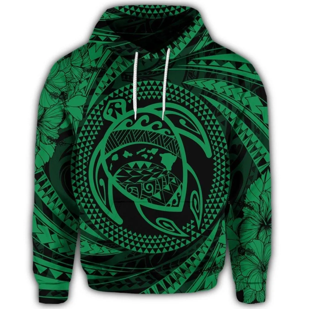 Hawaiian Kanaka Honu Hibiscus Tornando Polynesian Green Hoodie