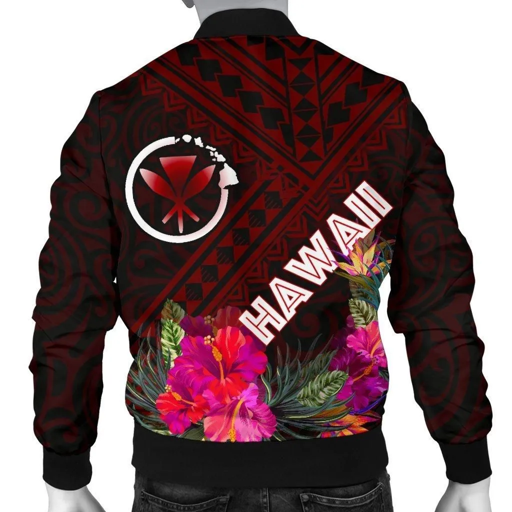 Hawaii Mens Bomber Jacket - Kanaka Maoli With Hibiscus On Polynesian Patterns (RED)