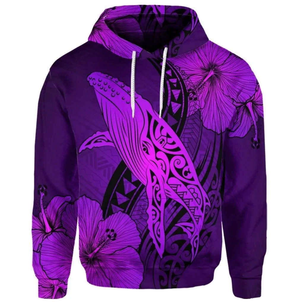 (Personalised) Hawaiian Map Whale Swim Hibiscus Polynesian Hoodie - Purple